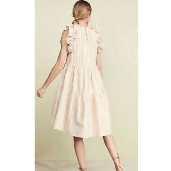 ULLA JOHNSON Tamsin Striped Cotton Ruffle Flutter Sleeve Trapeze Dress - Picture 2 of 12